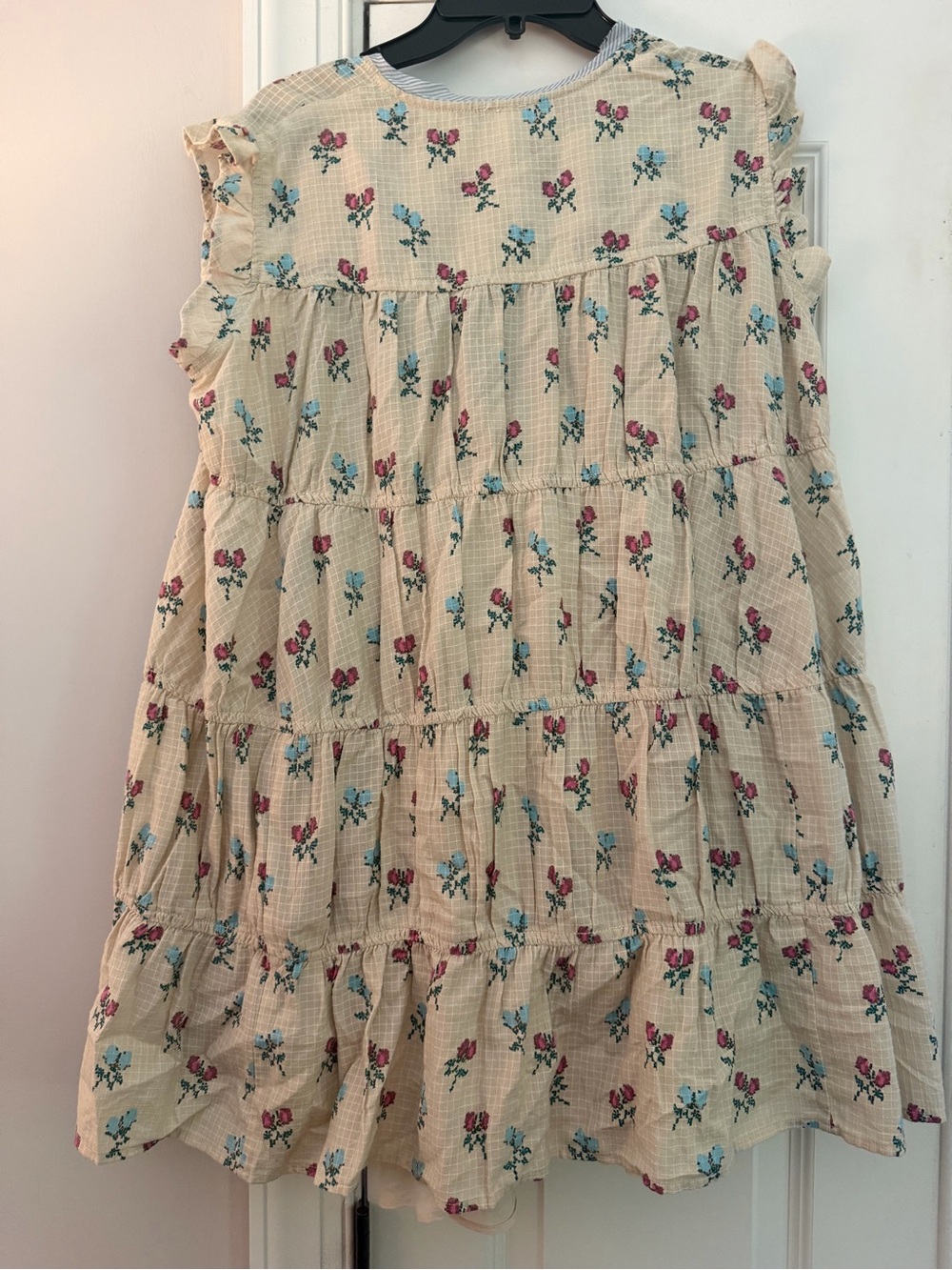 Free People NWT Cream Floral Ruffle-Tier Mini Dress with Button & Tie - Picture 3 of 3